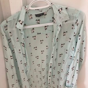 Lightweight collared shirt, mint green with cat print
